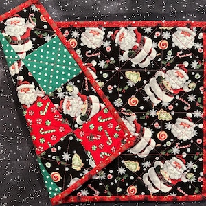 Four Santa Placemats, Christmas Patchwork Table Mats, Quilted Cloth Rectangle, Reversible, Washable Holiday Table Decor