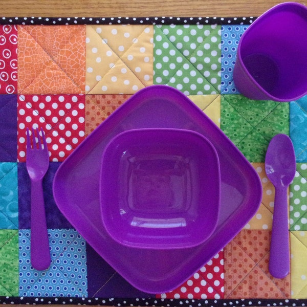 RAINBOW PLACEMAT, Quilted Patchwork Table Mat, A B C Snack Mat, Rainbow Colors,  Learning Alphabet, Reversible Washable Ecofriendly Linens