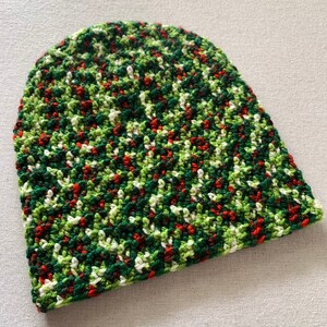May include: A green, red and white crocheted beanie hat.