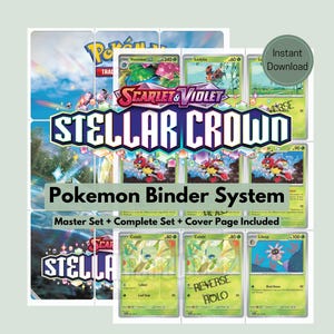 Puede incluir: Un sistema de carpetas digital de Pokemon Scarlet & Violet Stellar Crown que presenta una colección de cartas coleccionables con fondos verdes, ilustraciones de personajes y texto que incluye Master Set, Complete Set y Cover Page Included.