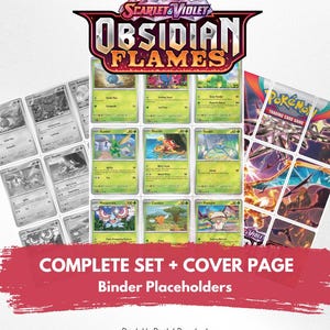 May include: A collection of Scarlet & Violet Obsidian Flames trading card game binder placeholders featuring a complete set and cover page. The printable digital download includes various green and grayscale cards with text and character illustrations.