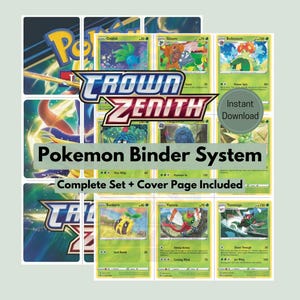 Op de afbeelding: Een verzameling Pokémon-kaarten, met het "Crown Zenith" logo en de tekst "Pokemon Binder System". De kaarten zijn groen en wit, met verschillende Pokémon-personages en de woorden "Direct downloaden" op een ronde sticker.