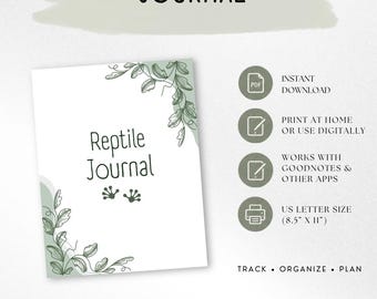 May include: A digital reptile keeping journal with a white cover featuring green botanical illustrations and the text Reptile Journal. The document is US letter size at 8.5 inches by 11 inches, designed for instant download, home printing, or digital use with apps like Goodnotes.