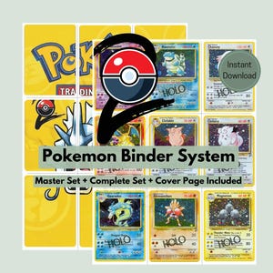 Może przedstawiać: Cyfrowy system segregatorów Pokemon z siatką kart kolekcjonerskich, w tym Blastoise, Chansey, Clefable, Gyarados, Hitmonchan i Magneton. Projekt zawiera czerwono-białą ikonę Poke Ball, żółte tła oraz napis Pokemon Binder System.