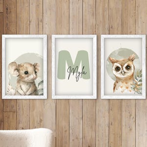 Puede incluir: Tres impresiones artísticas enmarcadas con un koala, un búho y la letra "M" con el nombre "Myla". Las impresiones tienen marcos blancos y se exhiben contra una pared de madera. Las ilustraciones son de estilo acuarela.