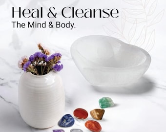 Stemma Selenite Bowl Heart | Crystals and Healing Stones 8 Piece Crystal Chakra Stones | Selenite Bowl  | Valentine's Gift