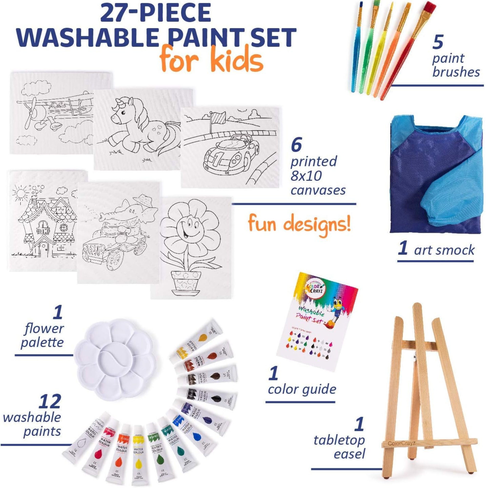 27 Pc Kids Art Set: Non-toxic Paints, Canvases, Brushes, Easel