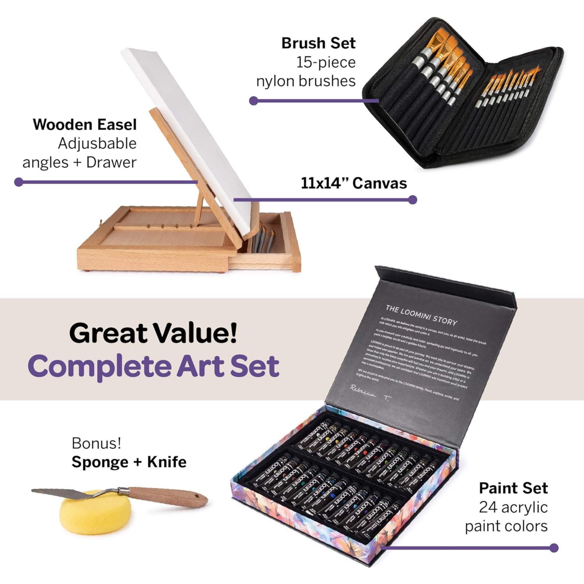 Acrylic Paint Set for Adults & Kids Includes Tabletop Easel Canvas and  Brushes 24 Acrylic Paint Colors 15 Brushes 1 Easel 1 Canvas | Painting Kit  for