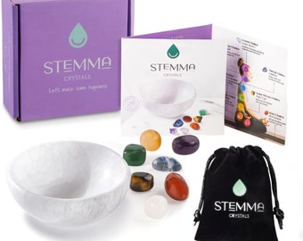 Stemma Selenite Bowl Authentic Crystals & Healing Stones | 8-Piece Set | Chakra, Moroccan - Meditation, Therapy | Valentine Gift
