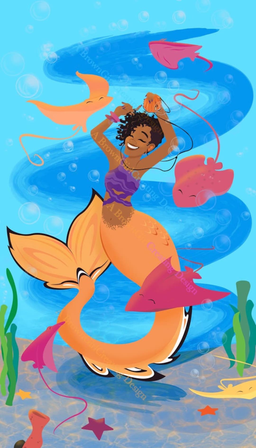 Beautiful Black MERMAID Art Print, African American Mermaid, Orange