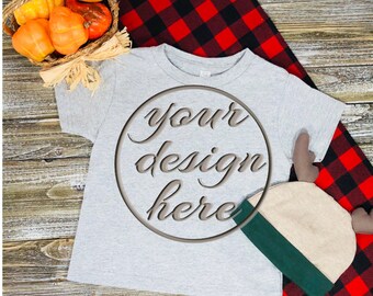 Blank Gray Short Sleeve Mockup / Unisex Mock up / Fall Mockup / Wood Background / Styled shirt / Flannel / Display / Moose Hat