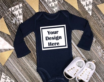 Download Free Blank Navy Blue Long Sleeved Baby One Piece, Long Sleeve Bodysuit, Fashion Design Styled Stock Photography, Background - JPG Download PSD Template