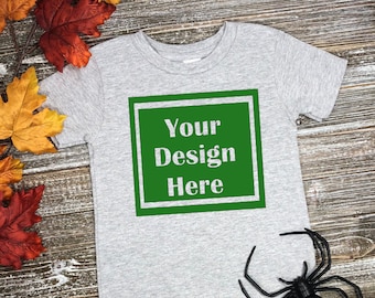 Download Free Blank Gray Top View Kids T-Shirt Flat Lay Apparel Mockup, Children's Styled Stock, Halloween , Mock Up Shirt, Wood Background, JPG Download PSD Template