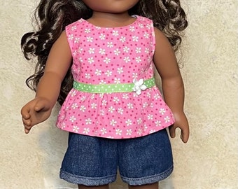 Pink Daisy Top And Denim Shorts Doll Set Handmade For 18in American Dolls.