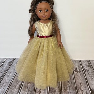 18in Quinceanera Gold Satin And Tulle Princess Flower Girl Doll Gown With Burgundy Ribbon Handcrafted For American Dolls & Other 18in Dolls