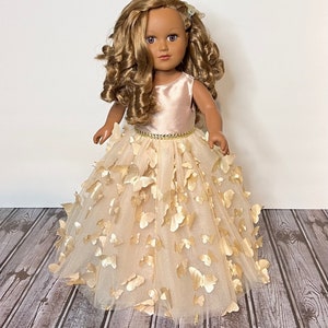 Quinceañera Champagne Satin And 3D Butterfly Tulle Doll Gown Embellished With Gold Handmade For American Dolls & Other 18in Dolls.