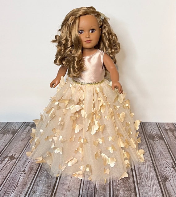 18in Quinceaera Champagne Satin and 3D Butterfly Tulle Doll Gown  Embellished With Gold or Silver Handmade for American Dolls - Etsy