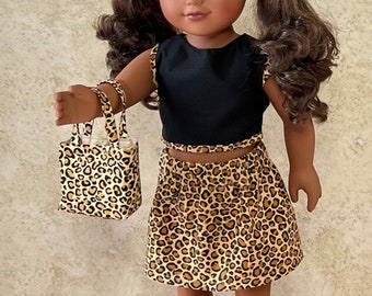 Cheetah Print Doll Skirt & Crop Top Handmade For American Dolls and Other 18in Dolls.  Complete The Set With A Scrunchie And Handbag