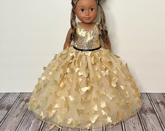 18in Gold Sequin And Gold Butterfly Tulle Princess, Flower Girl, Quince Party Doll Dress Handmade For American Dolls & Other 18in Dolls.