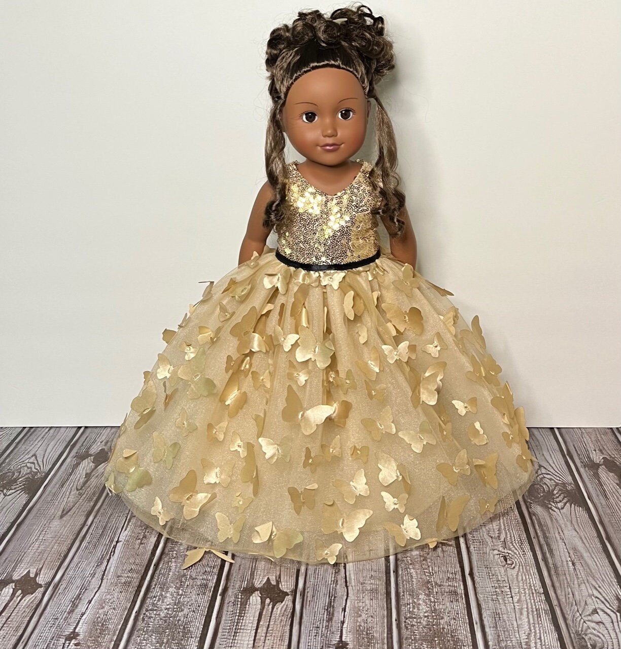 american girl gold dress 18in Quinceanera Sequin And Gold Butterfly Tulle Princess Flower Party Doll Gown Handcrafted For Dolls & Other 18in Dolls colour: orange-wrap-over-midi-dress-with-chain-straps