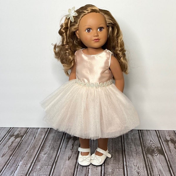 Champagne Satin And Tulle Flower Girl Doll Party Dress Embellished With Daisy Trim Handmade For American Dolls & Other 18in Dolls.