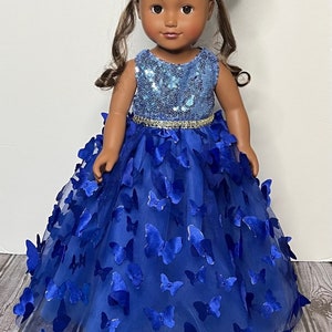 18in Blue Sequin And Colbalt Butterfly Tulle Quinceañera Princess, Flower Girl Doll Gown Handmade For American Dolls & Other 18in Dolls.