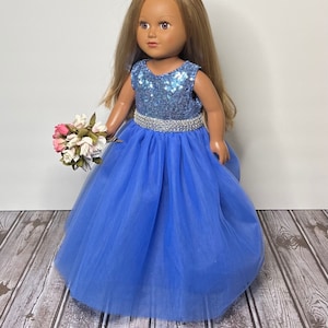 18in Quinceañera Blue Sequin And Tulle Flower Girl Princess Quince Party Doll Ballgown Is Handcrafted For American Dolls & Other 18in Dolls.