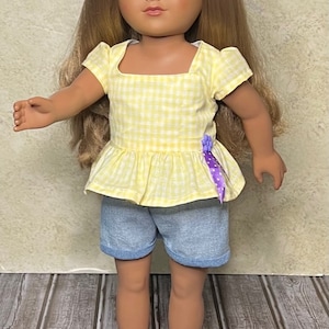 18in Doll Yellow Gingham Top With Denim Shorts Set Handcrafted For American Dolls & Other 18in Dolls. Perfect Birthday or Christmas Gift