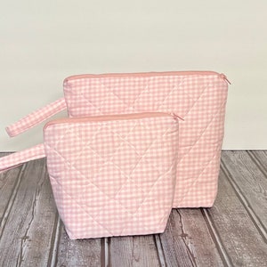 Large Handmade Pink Quilted Gingham Cosmetic Bag, Toiletry Pouch, Travel, Cosmetic Organizer, Crafts, All Purpose Pouch. Great Gift Idea