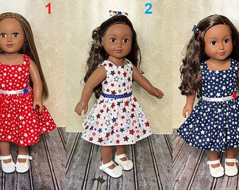 Red White and Blue Patriotic Star Sleeveless Doll Dresses Handmade For American Dolls and Other 18in Dolls. Don't Forget Accessories!