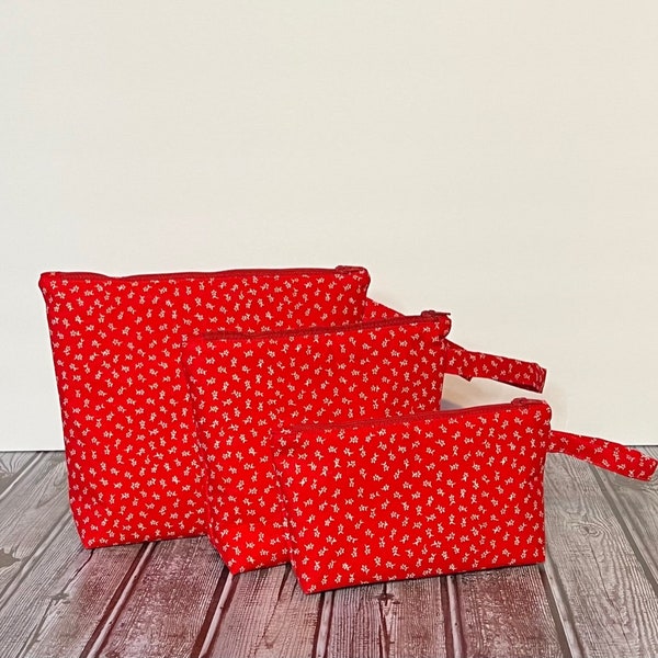 Ecofriendly Handmade Red Floral Cosmetic Bag, Toiletries Pouch, Travel Bags, Cosmetic Organizer, Crafts, All Purpose Pouch Gift Idea!
