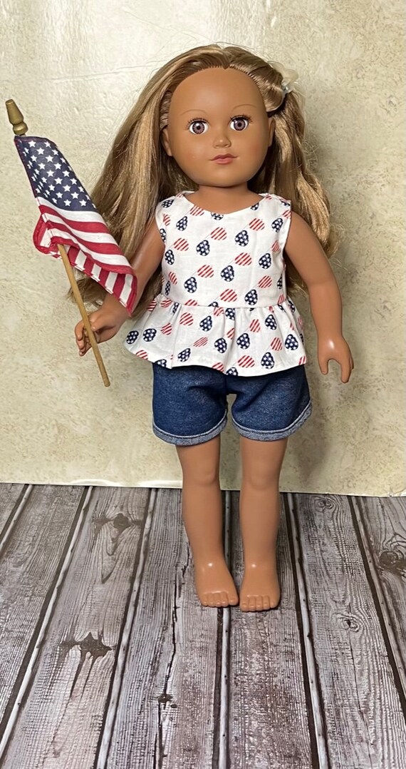 18in Patriotic Red White Blue Top And Denim Shorts Doll Set Handmade For American Dolls