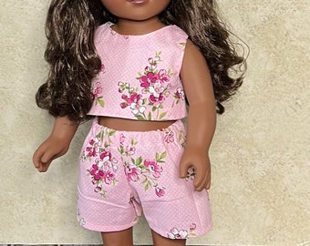 18in Summer Pink Floral Polka Dot Doll Shorts & Crop Top Handmade For American Dolls.