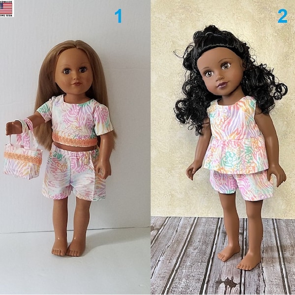 18in Pink, Teal Purple Animal Print Doll Shorts & Top Handmade For American Dolls and Other 18in Dolls. The Best Gift Accessories Available