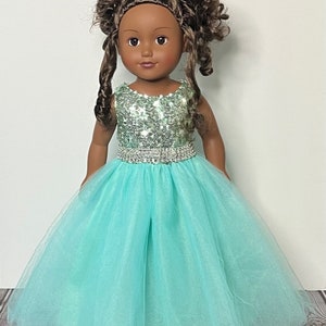 Quinceañera Teal Sequin And Tulle Doll Gown With Silver Rhinestone Handmade For American Dolls & Other 18in Dolls. Best Birthday Gift!