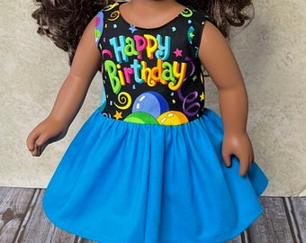 18in Happy Birthday Party Doll Dress. Multicolor Balloon. Handmade For American Dolls & Other 18in Dolls. Great Birthday Gift Idea