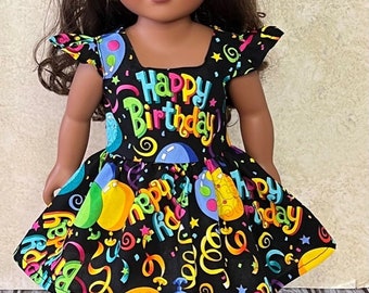 18in Happy Birthday Rainbow Balloons Party Doll Dress Handcrafted For American Dolls & Other 18in Dolls. Great Birthday Gift Idea