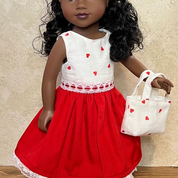 Red Heart Valentine Doll Dress Handmade For American Dolls and Other 18in Dolls. The Best Valentine Gift