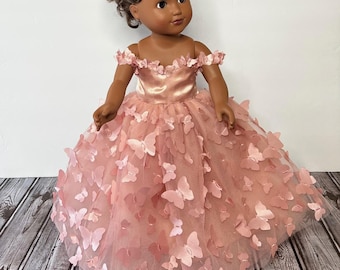 18in Quinceañera Rose gold Satin And 3D Butterfly Tulle Doll Gown. Handcrafted For American 18in Dolls.