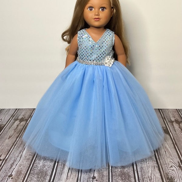 Quinceañera Powder Blue Sequin And Tulle Doll Gown With Floral Silver Rhinestone Handmade For American Dolls & Other 18in Dolls. Best Gift