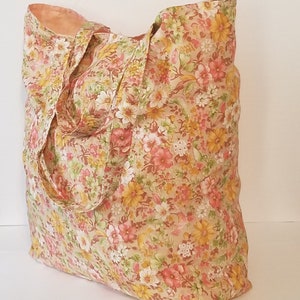 Peach Floral Ecofriendly Grocery Shopping Tote. Earth and Environmentally Friendly Handmade Reusable Tote Gift.