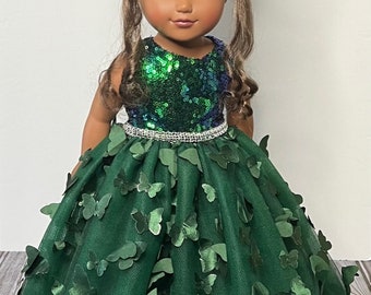 Hunter Green Quinceañera Sequin And 3D Butterfly Tulle Princess, Flower Girl Doll Gown Handmade For American Dolls & Other 18in Dolls.