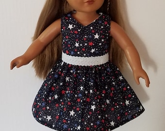 18in Red and Blue Patriotic Star Doll Dress Handmade For American Dolls and Other 18in Dolls. Patriotic Doll Clothes Are The Perfect Gift.