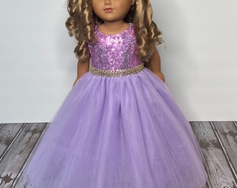 Quinceañera Lavender Sequin And Tulle Doll Dress With Gold Rhinestone Handmade For American Dolls & Other 18in Dolls. Best Birthday Gift!