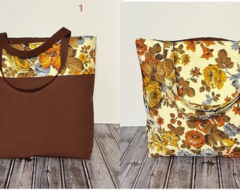 Beige and Brown Floral Canvas Eco-Friendly Handmade Reusable Grocery Shopping tote, travel Bag, Laptop, Book bag.