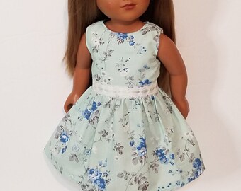 18in Light Blue Floral Doll Dress, Handbag Handcrafted for American Dolls and Other 18in Dolls. Summer Doll Clothes are Perfect Gift Ideas