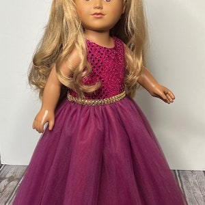 Burgundy Berry Quinceañera   Sequin And Tulle Doll Gown Handcrafted For American Dolls & Other 18in Dolls. The Perfect Birthday Gift!