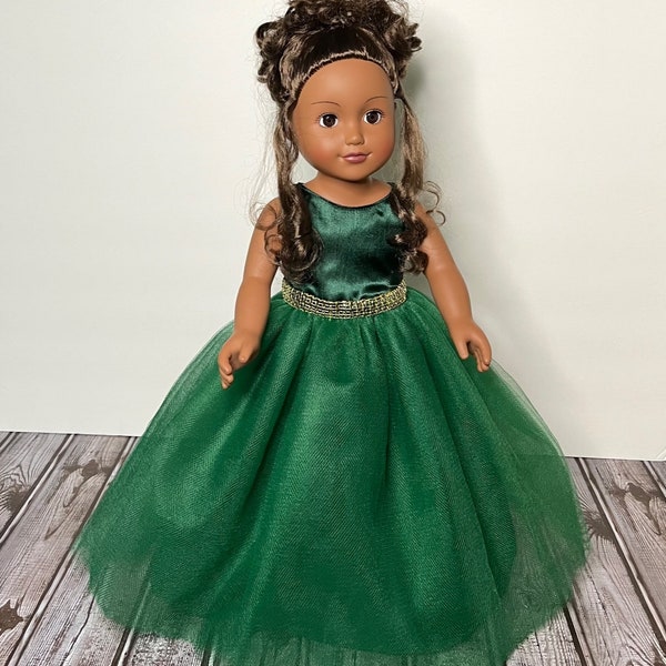 Quinceañera Dark Green Satin And Tulle Party Doll Gown With Gold Rhinestone Handmade For American Dolls & Other 18in Dolls.