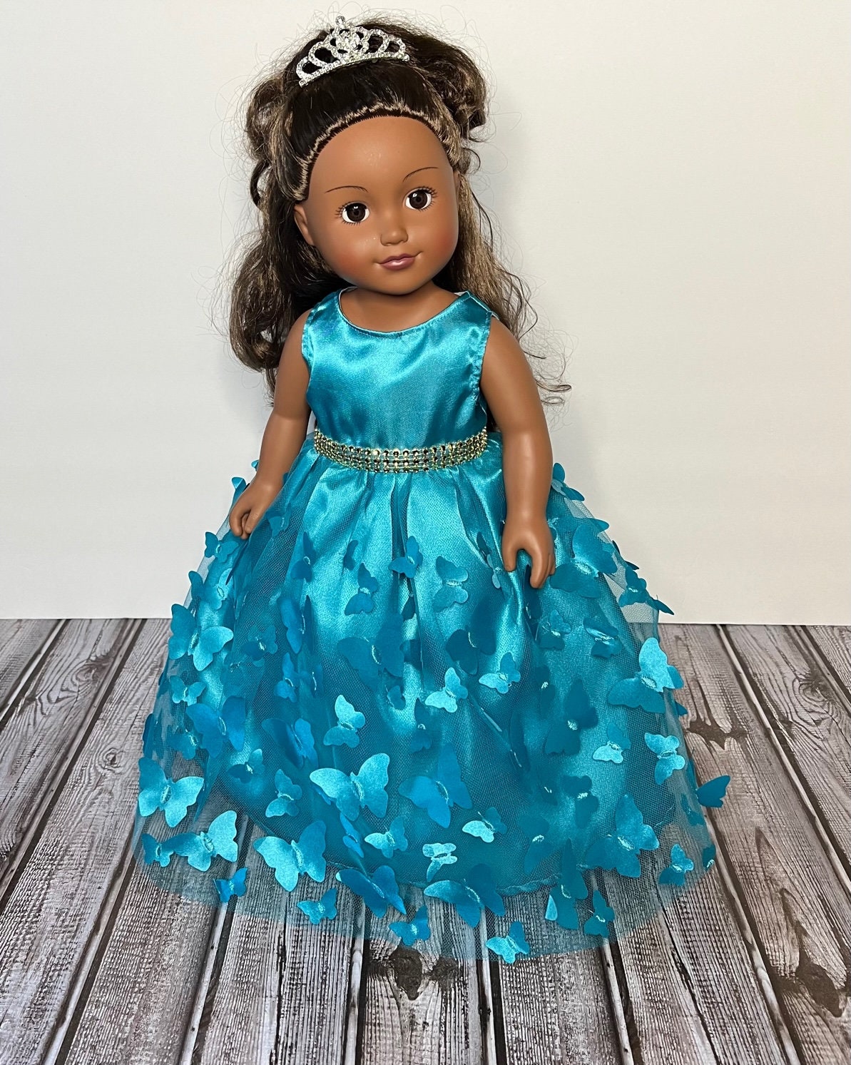 Dark Teal Quinceañera Satin And 3D Butterfly Tulle Doll Gown…