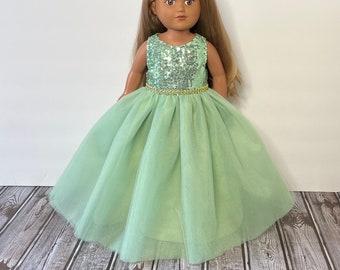 Quinceañera Sage Sequin and Tulle Doll Gown Handmade For American Dolls & Other 18in Dolls. Best Gift